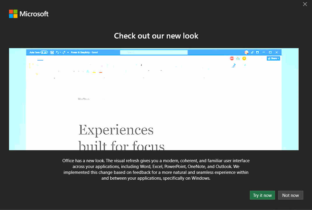 animated GIF of Office's horrible new 'Check out our new look' popup